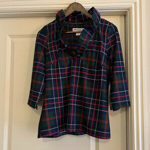 EUC Gretchen Scott Ruffle Neck Top, Balmoral Plaid, Size L, navy w/ red & green